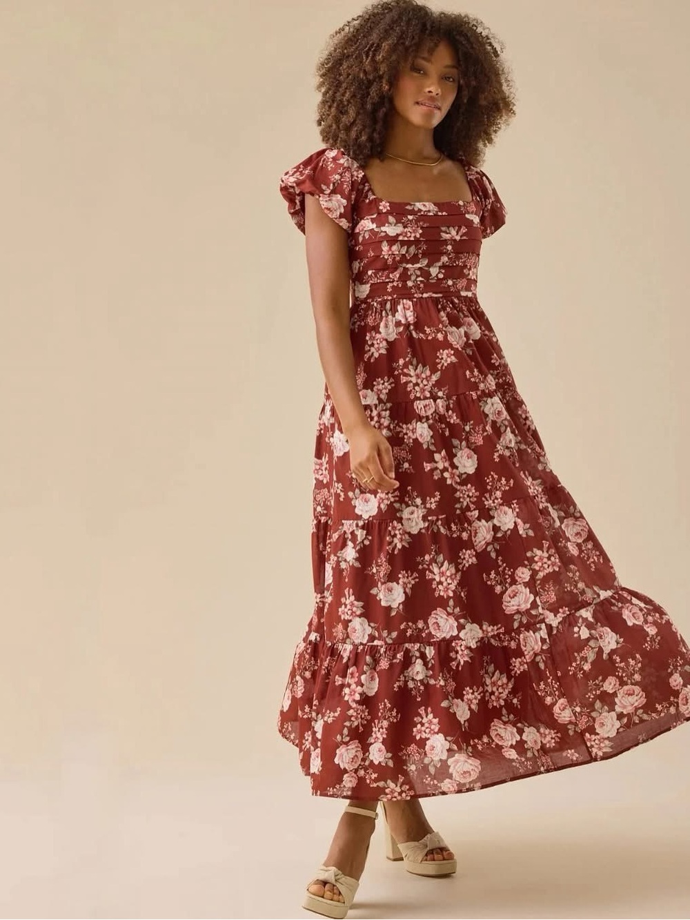 Altar'd State Rust Floral Tiered Maxi Dress size S